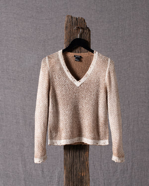 Woman Irregular Stitch Brushed Cotton V Neck Pullover Sughero