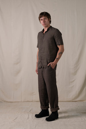 Back Buckle Pants Linen Brown