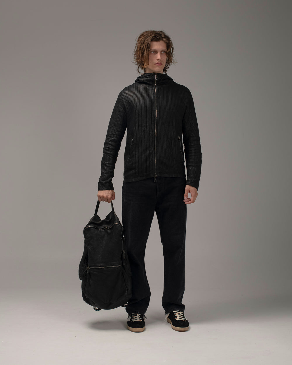 Perforated Leather Hooded Jacket Nero