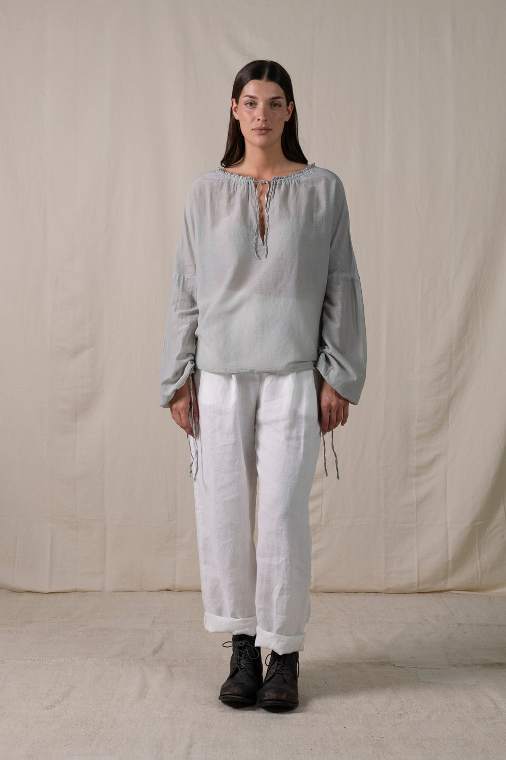 Pleated Blouse with Strings Light Grey