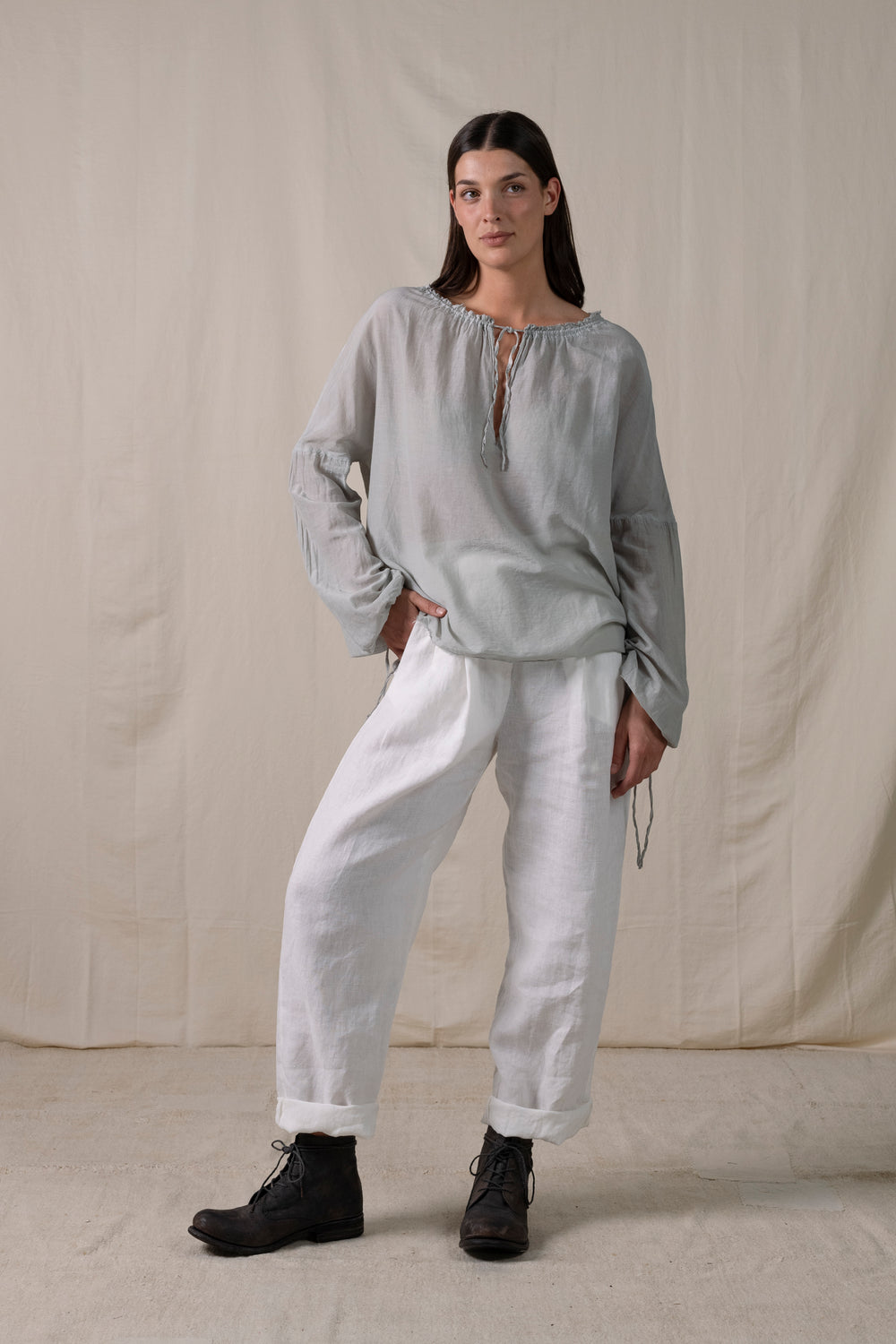 Pleated Blouse with Strings Light Grey