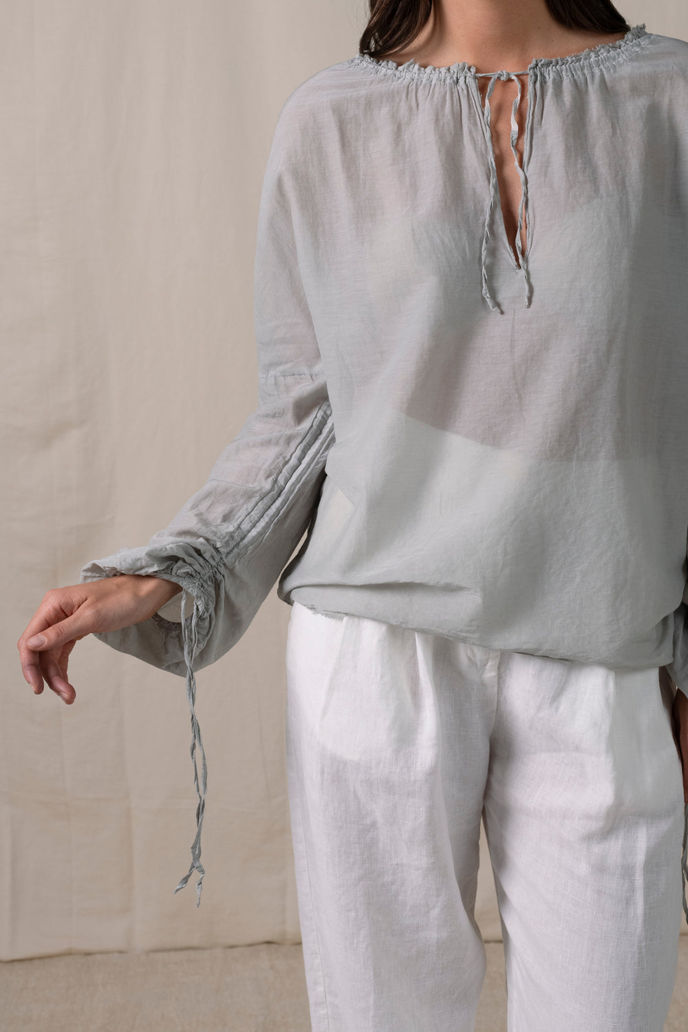 Pleated Blouse with Strings Light Grey