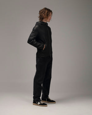 Perforated Leather Hooded Jacket Nero