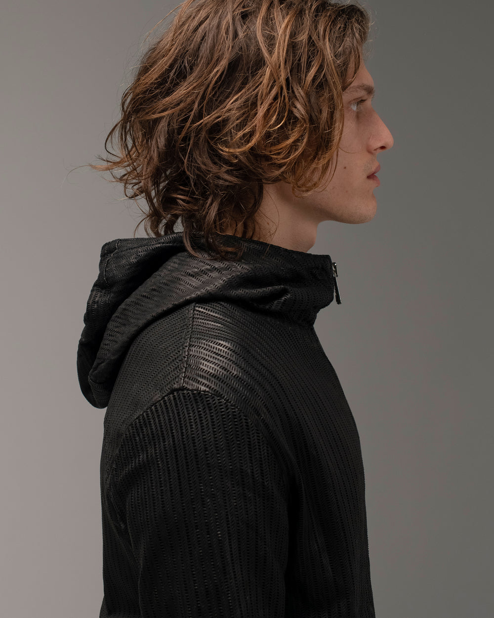 Perforated Leather Hooded Jacket Nero