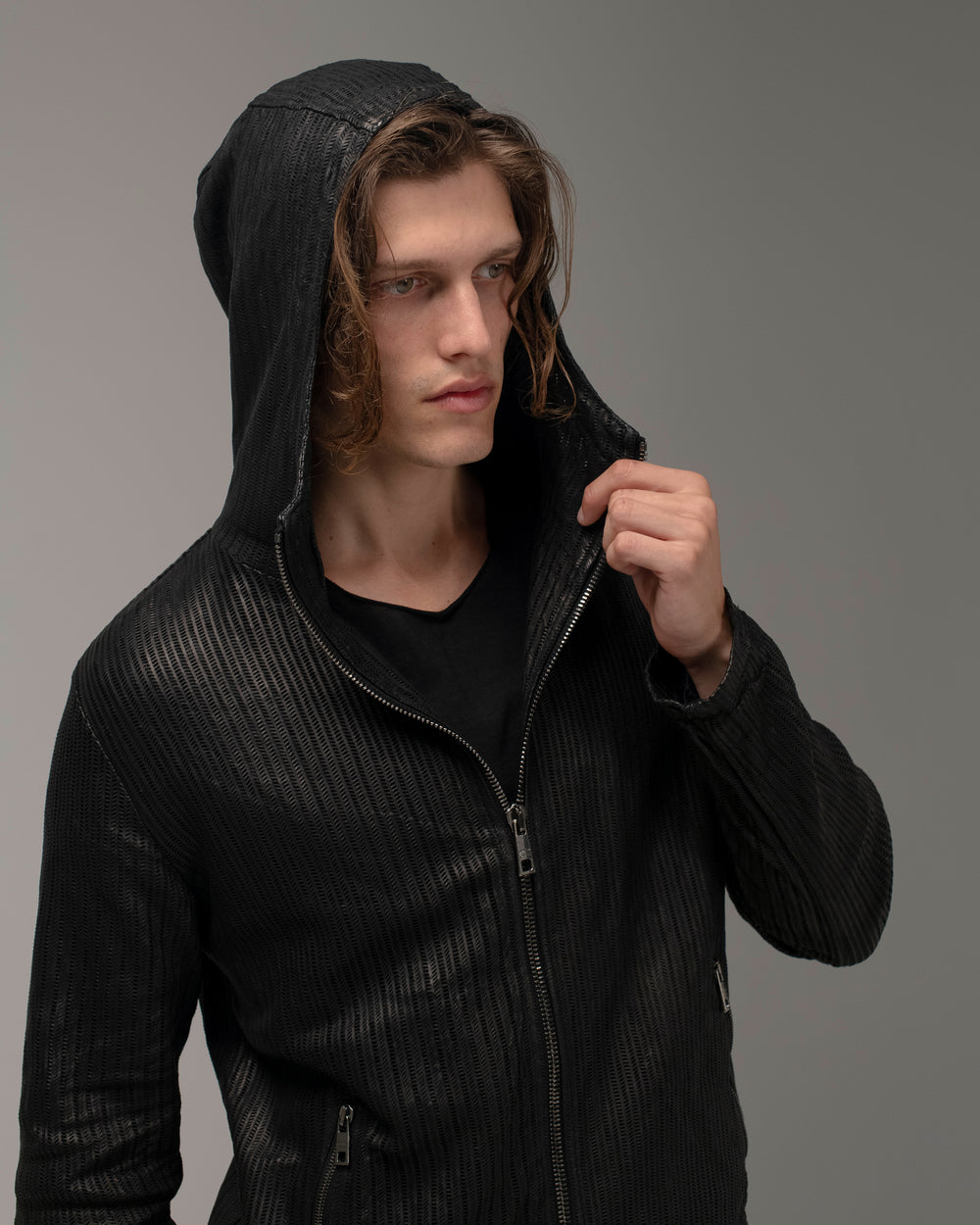 Perforated Leather Hooded Jacket Nero