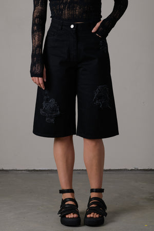 Denim Shorts w/ Raw Cut Detail Black