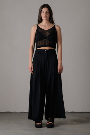 Wool Viscose Wide Cropped Pants Black