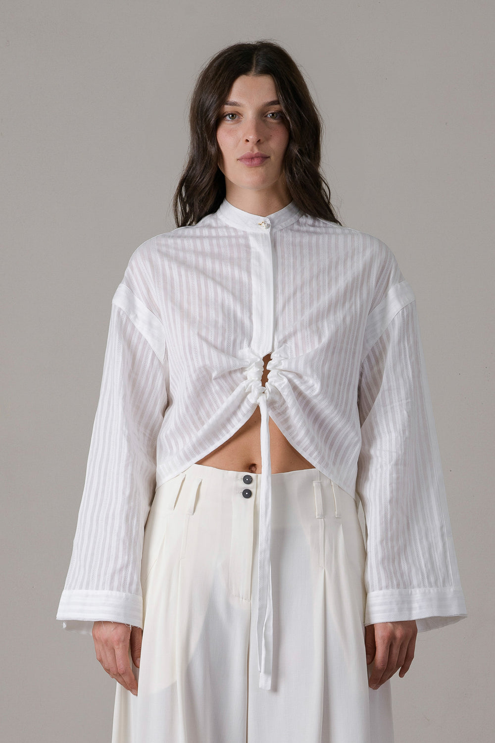 Cotton Poplin Cropped Shirt w/ Linen Knitted Back