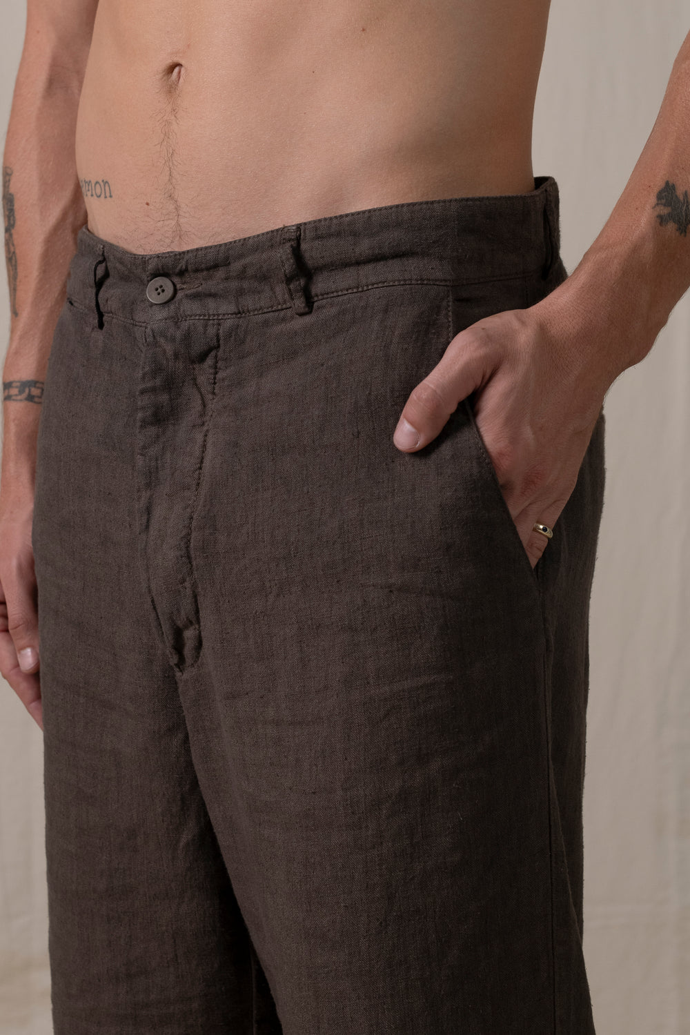 Back Buckle Pants Linen Brown