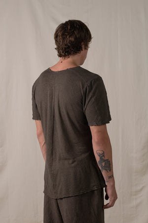 Central Back Seam Cotton Linen T Shirt Brown