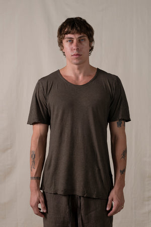 Central Back Seam Cotton Linen T Shirt Brown