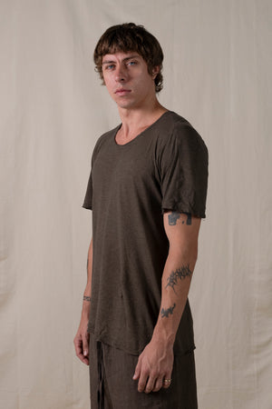 Central Back Seam Cotton Linen T Shirt Brown