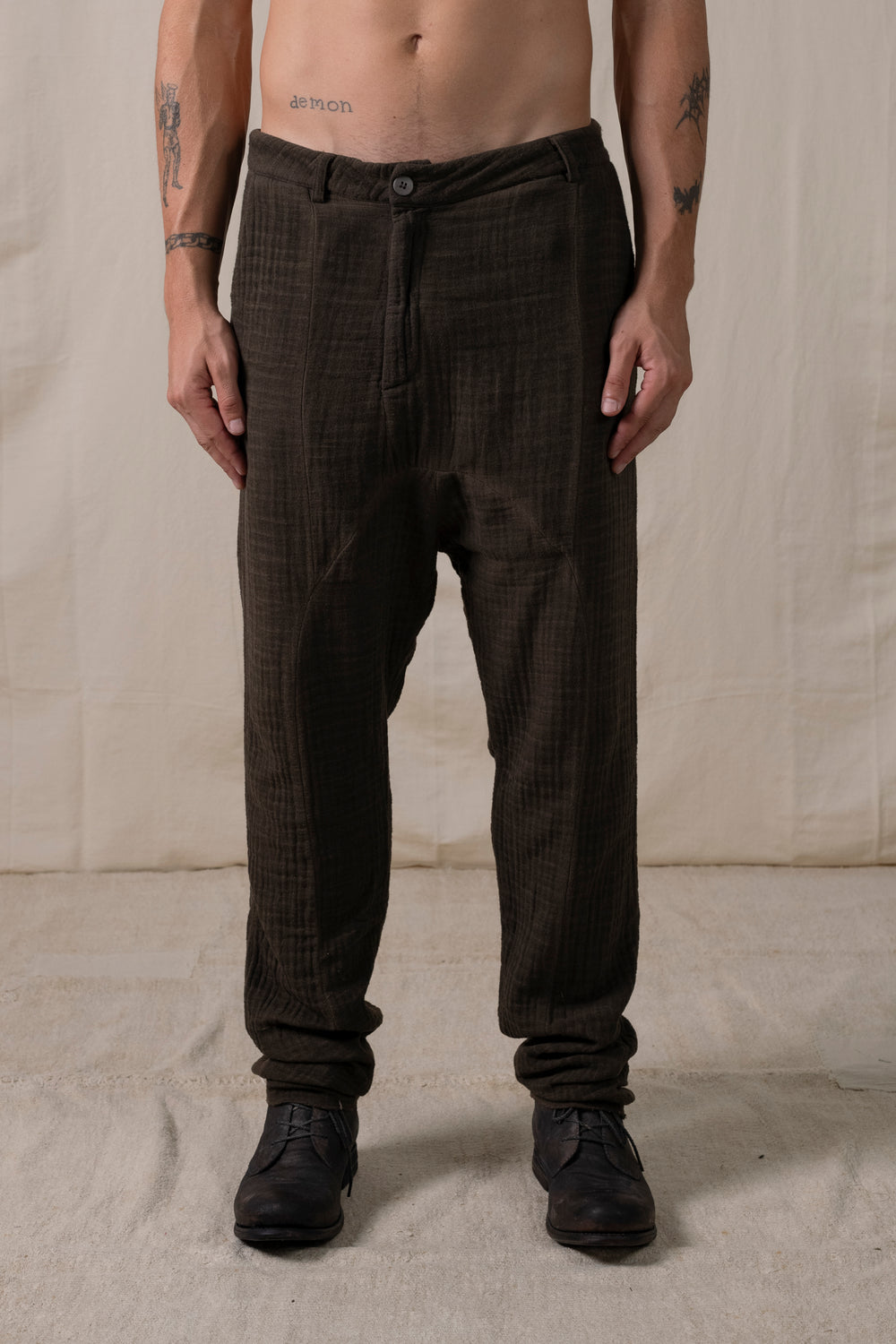 Front Panel Pants Cotton Brown