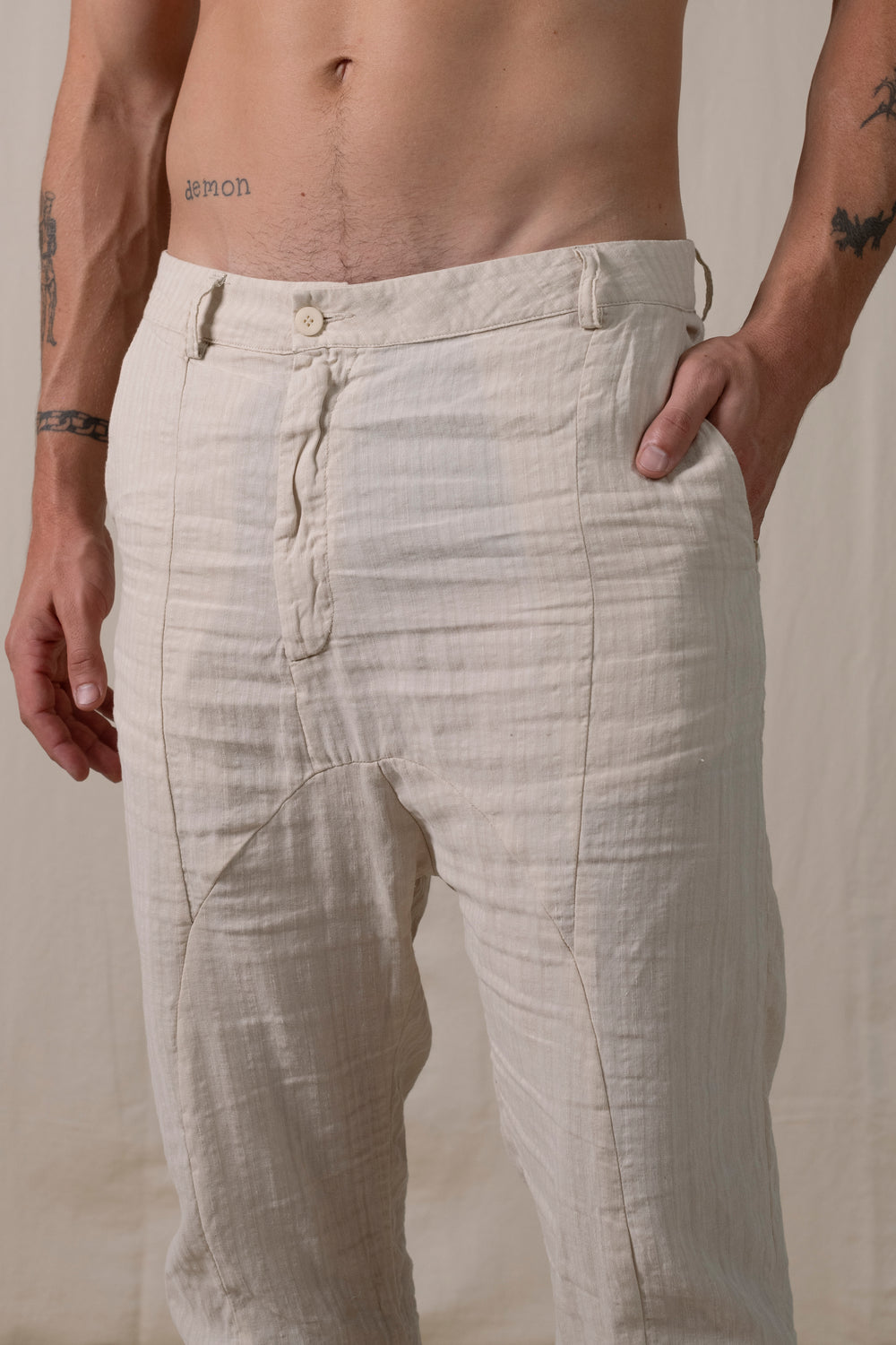 Front Panel Pants Cotton Linen Sand