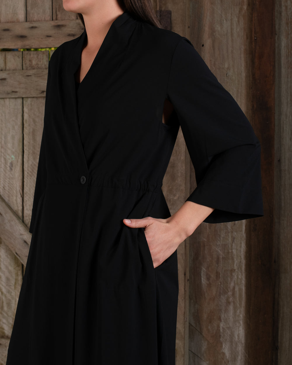 Kimono Sleeve Coat Dress Crepe Black