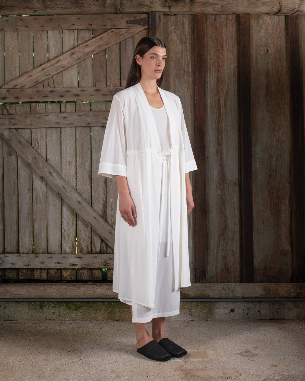 Kimono Sleeve Coat Dress Silk Crepe White