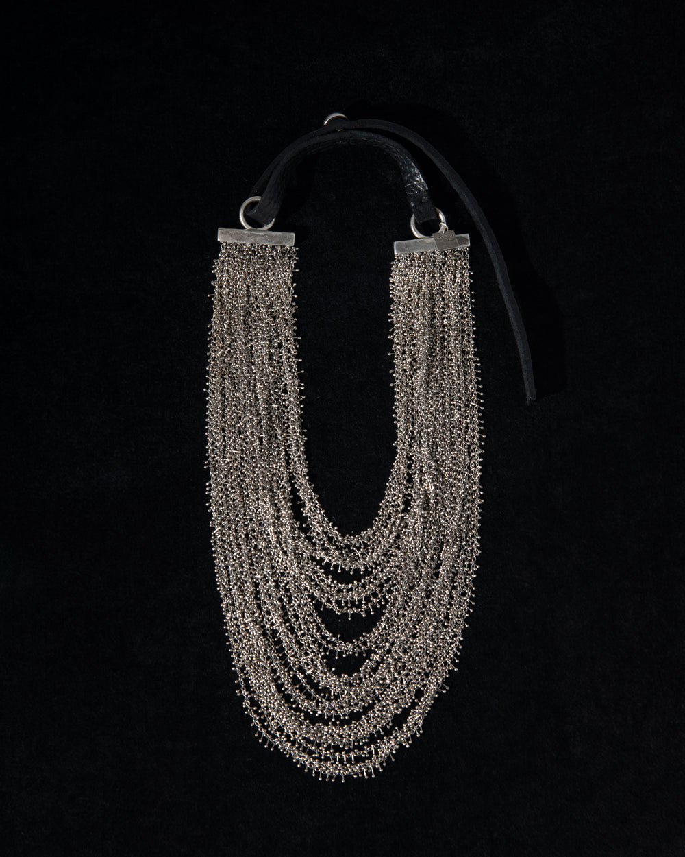 Multi Silver Chains Necklace w/ Leather Strap CN173